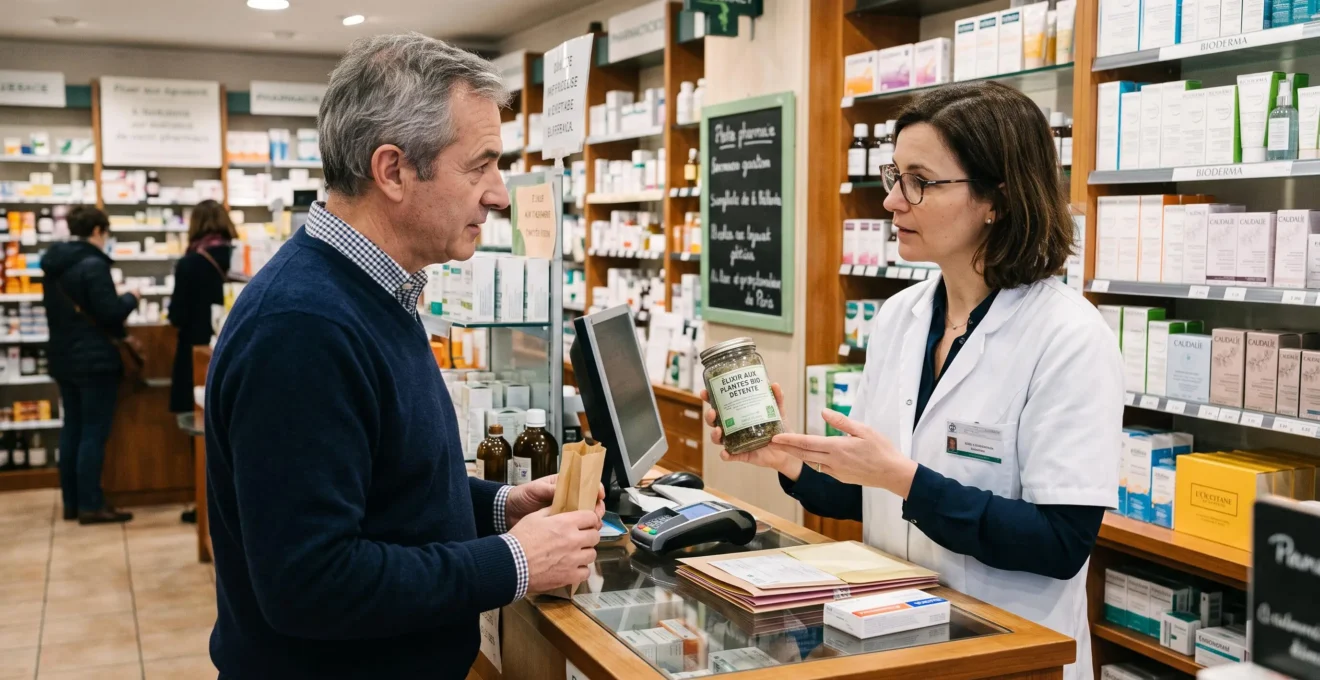 Un pharmacien conseille un client devant un complément alimentaire à la officine.