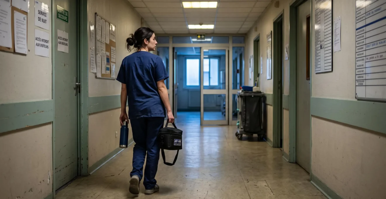 Une soignante traverse un couloir d'hôpital sombre pendant son travail de nuit.