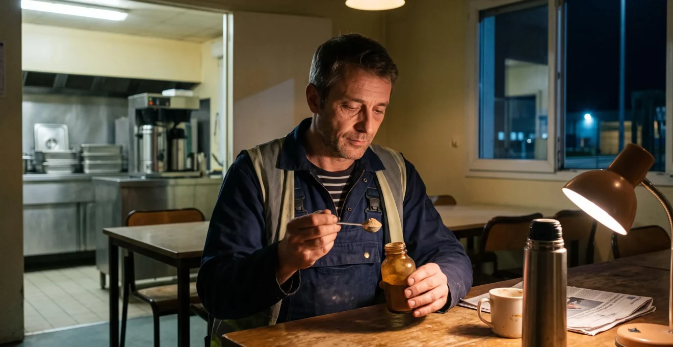 Un travailleur de nuit examine une dose de poudre d'ashwagandha dans une salle de pause éclairée.